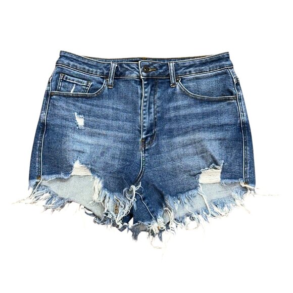 Risen High Rise Stretch 4" Midi Frey Hem Distressed  Denim Jean Shorts Large - Picture 1 of 7
